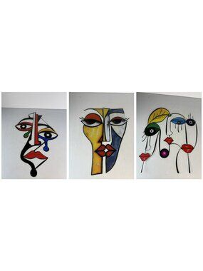 Set of 3 Cubist Face Metal Wall Art Sculptures Colorful Modern Decor NEW